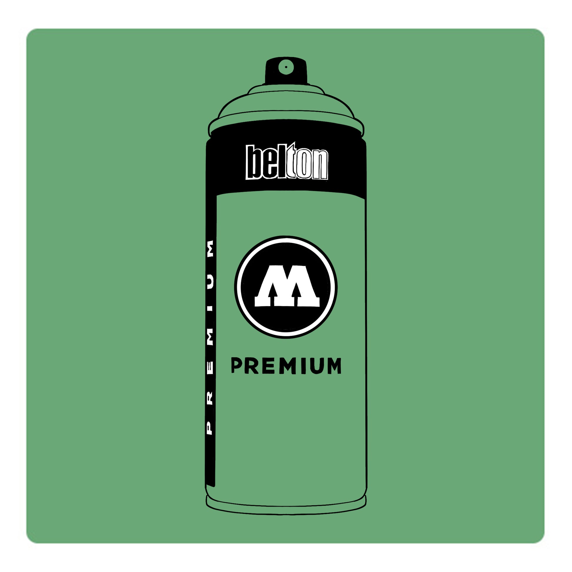 A black outline drawing of a pastel green spray paint can with the words "belton","premium" and the letter"M" written on the face in black and white font. The background is a color swatch of the same pastel green with a white border