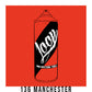 A black outline drawing of a bright red spray paint can with the word "Loop" written on the face in script. The background is a color swatch of the same bright red with a white border with the words "136 manchester" at the bottom.
