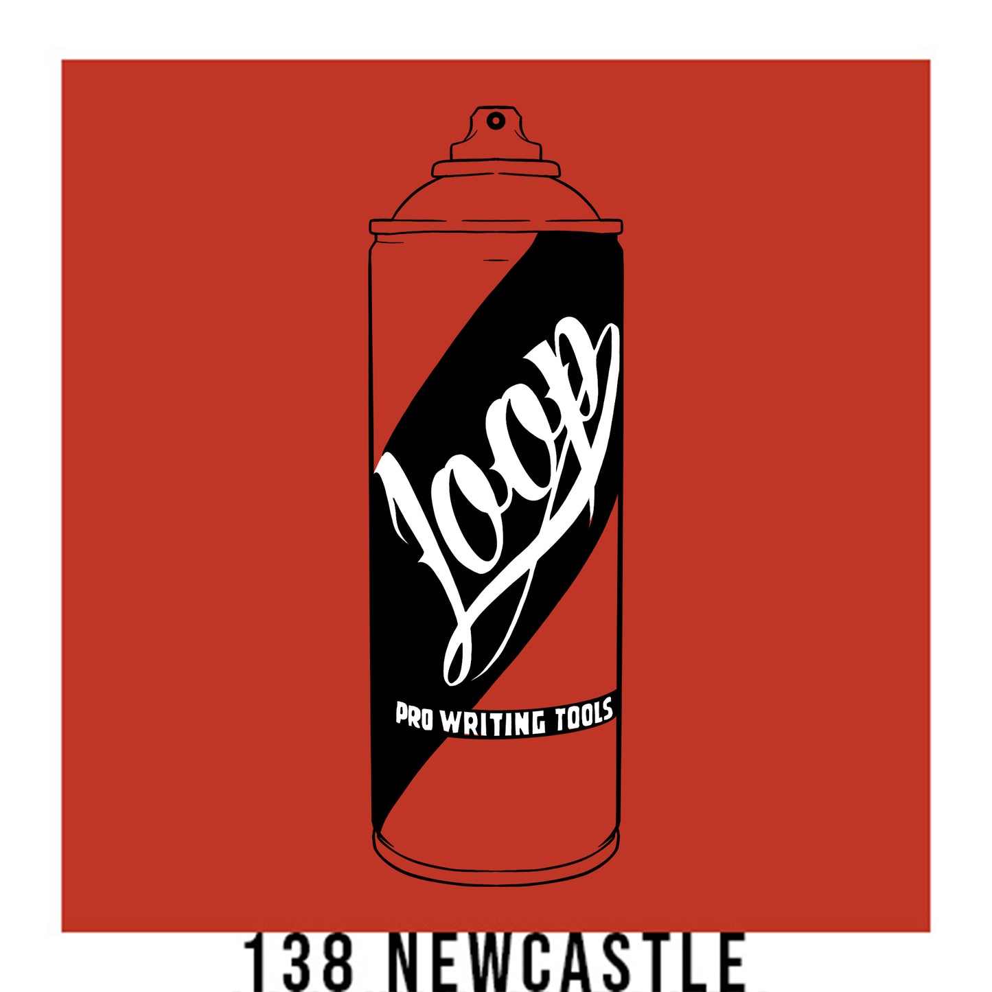 A black outline drawing of a bright red orange spray paint can with the word "Loop" written on the face in script. The background is a color swatch of the same bright red orange with a white border with the words "138 newcastle" at the bottom.