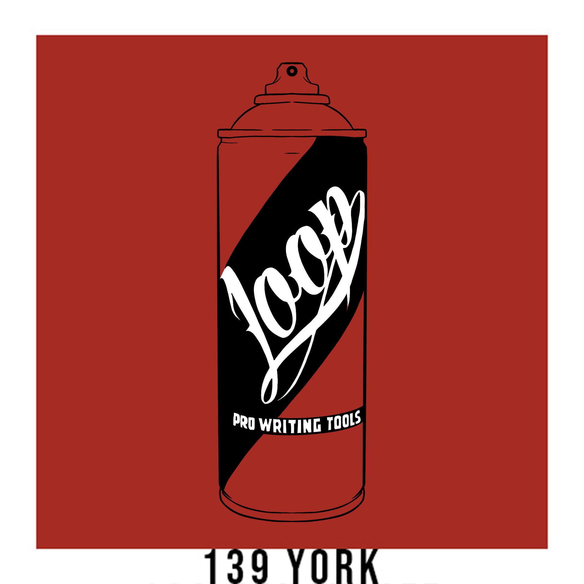 A black outline drawing of a red orange spray paint can with the word "Loop" written on the face in script. The background is a color swatch of the same red orange with a white border with the words "139 york" at the bottom.