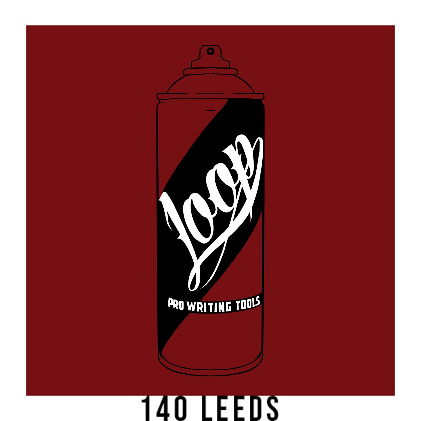 A black outline drawing of a dark red spray paint can with the word "Loop" written on the face in script. The background is a color swatch of the same dark red with a white border with the words "140 leeds" at the bottom.