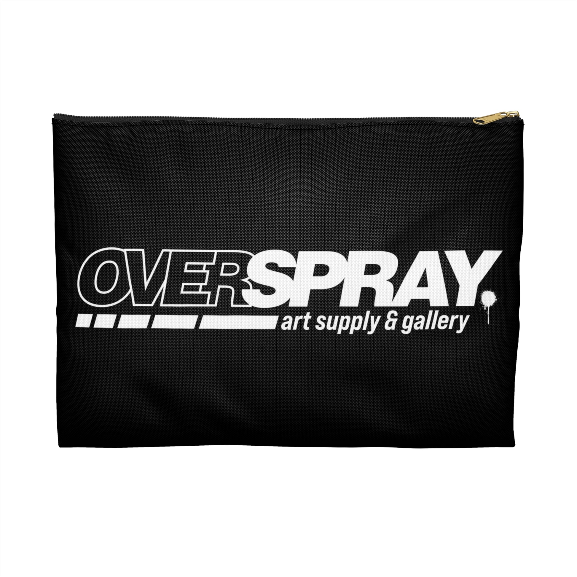 The front of a black pencil bag with a silver zipper, reads "Overspray Art Supply & Gallery" in white