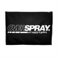 The front of a black pencil bag with a silver zipper, reads "Overspray Art Supply & Gallery" in white