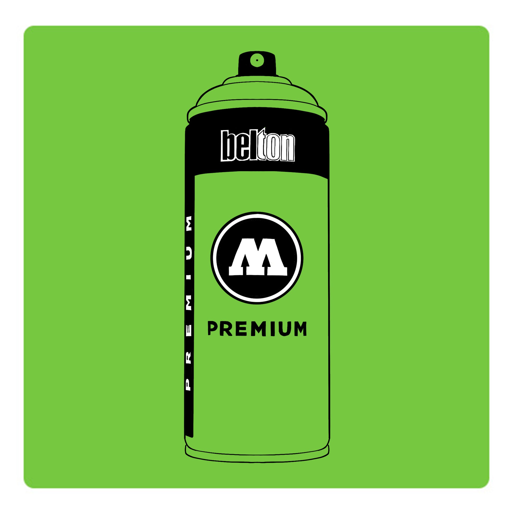 A black outline drawing of a apple green spray paint can with the words "belton","premium" and the letter"M" written on the face in black and white font. The background is a color swatch of the same apple green with a white border