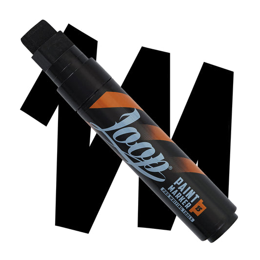 Loop 15MM black flat tipped marker with black body , grey text and orange stripes over a black swatch.