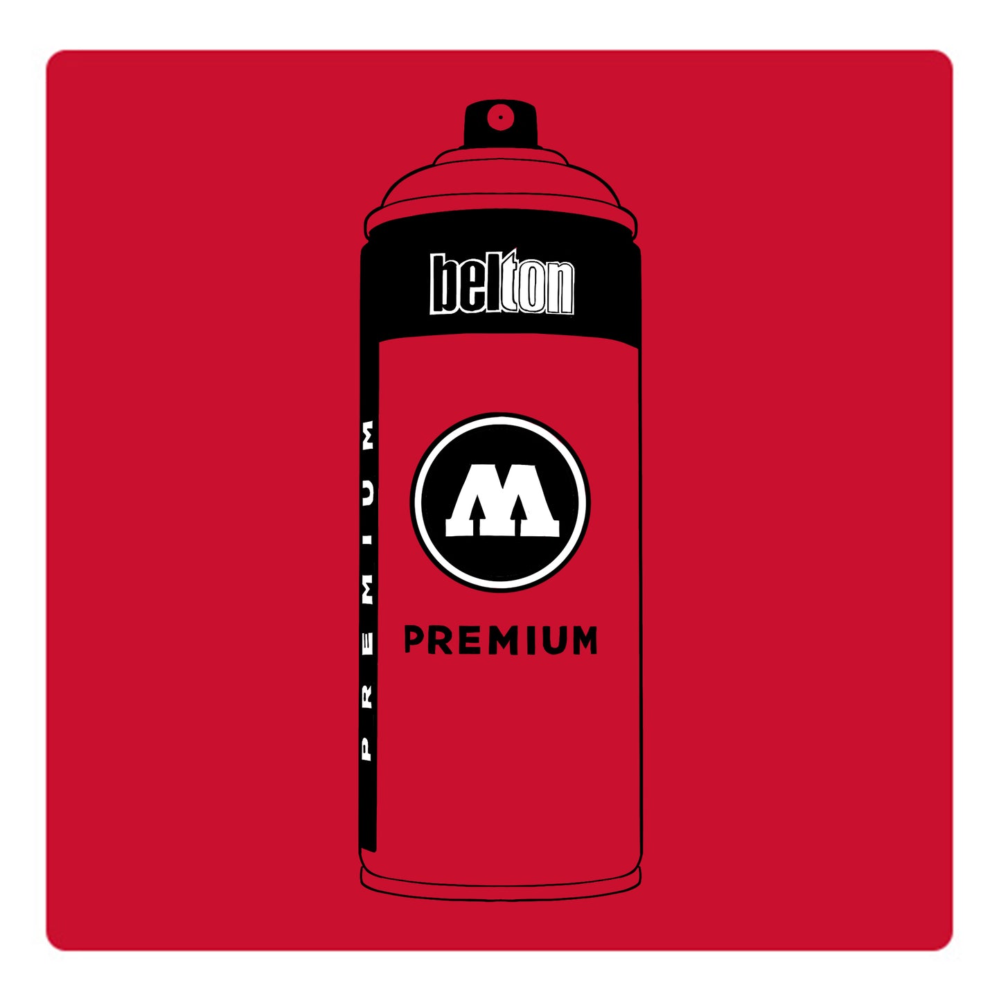 A black outline drawing of a Crimson spray paint can with the words "belton","premium" and the letter"M" written on the face in black and white font. The background is a color swatch of the same Crimson with a white border.