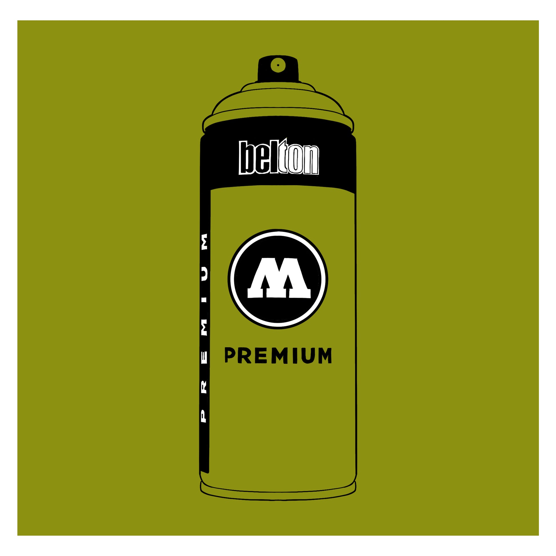 A black outline drawing of a pastel pea green spray paint can with the words "belton","premium" and the letter"M" written on the face in black and white font. The background is a color swatch of the same pea green with a white border