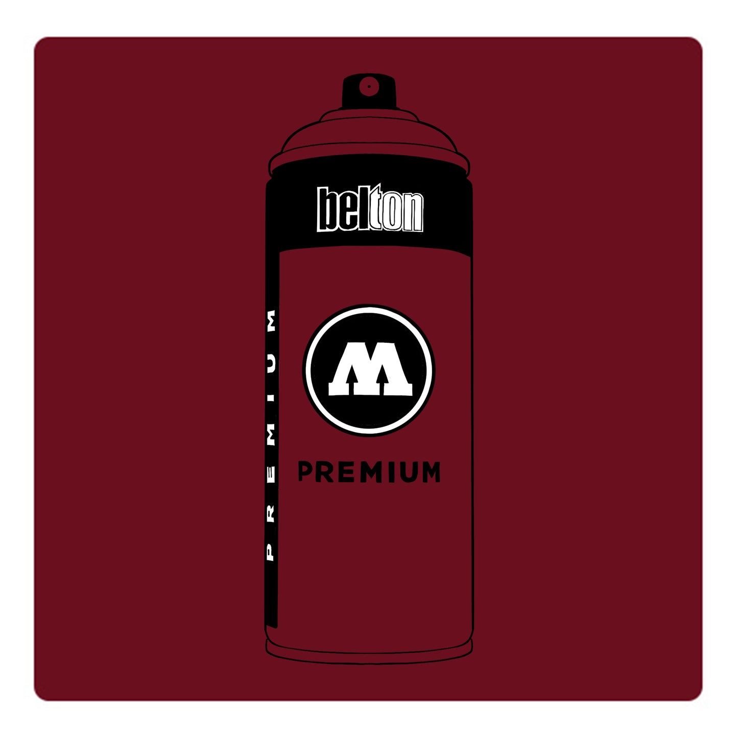 A black outline drawing of a burgundy spray paint can with the words "belton","premium" and the letter"M" written on the face in black and white font. The background is a color swatch of the same Burgundy with a white border.