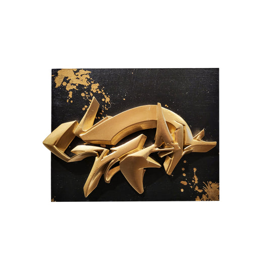 Gold painted resin sculpture on wood panel by graffiti artist Man One #1 of3.