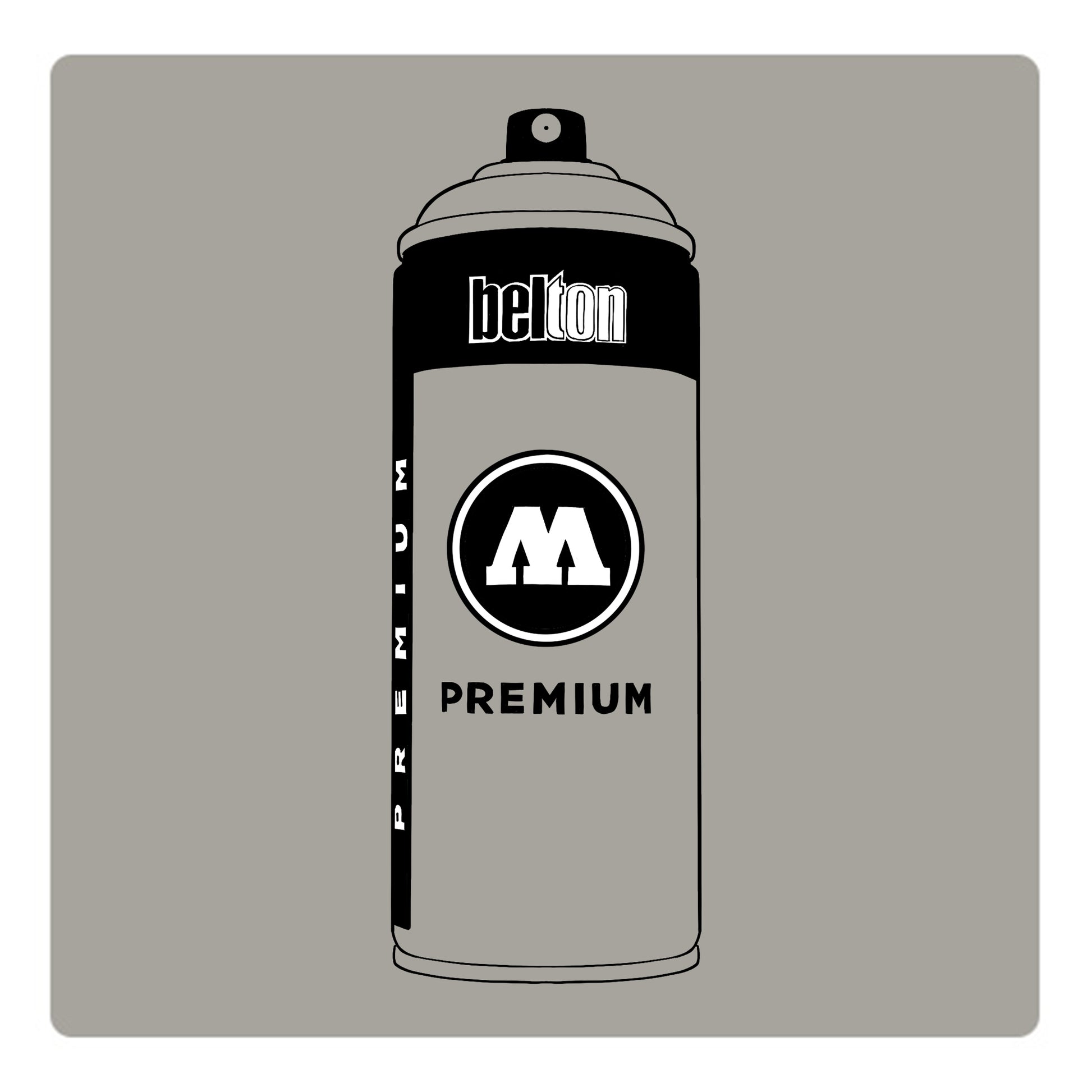 A black outline drawing of a light grey spray paint can with the words "belton","premium" and the letter"M" written on the face in black and white font. The background is a color swatch of the same light grey with a white border