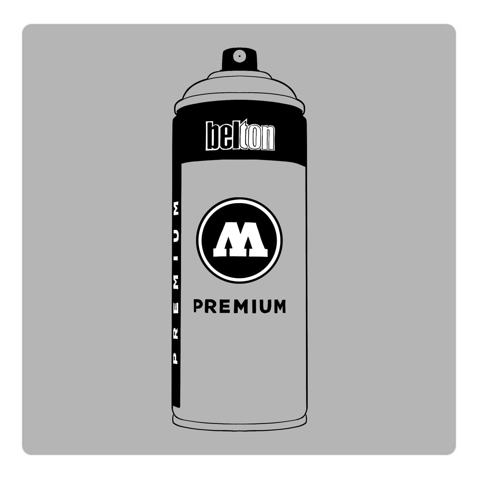 A black outline drawing of a light grey spray paint can with the words "belton","premium" and the letter"M" written on the face in black and white font. The background is a color swatch of the same light grey with a white border