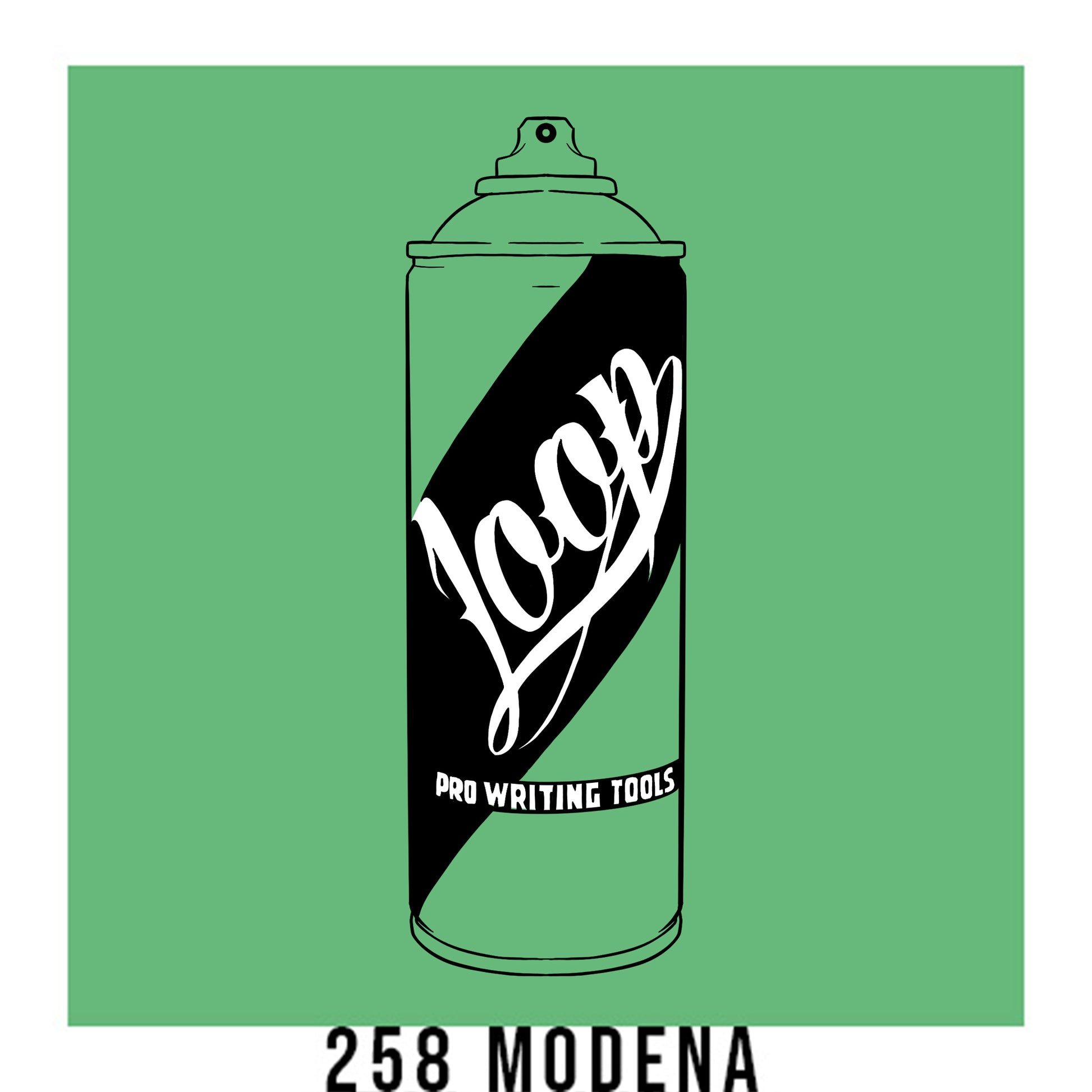 A black outline drawing of a Emerald Green spray paint can with the word "Loop" written on the face in script. The background is a color swatch of the same Emerald Green with a white border with the words "258 Modena" at the bottom.