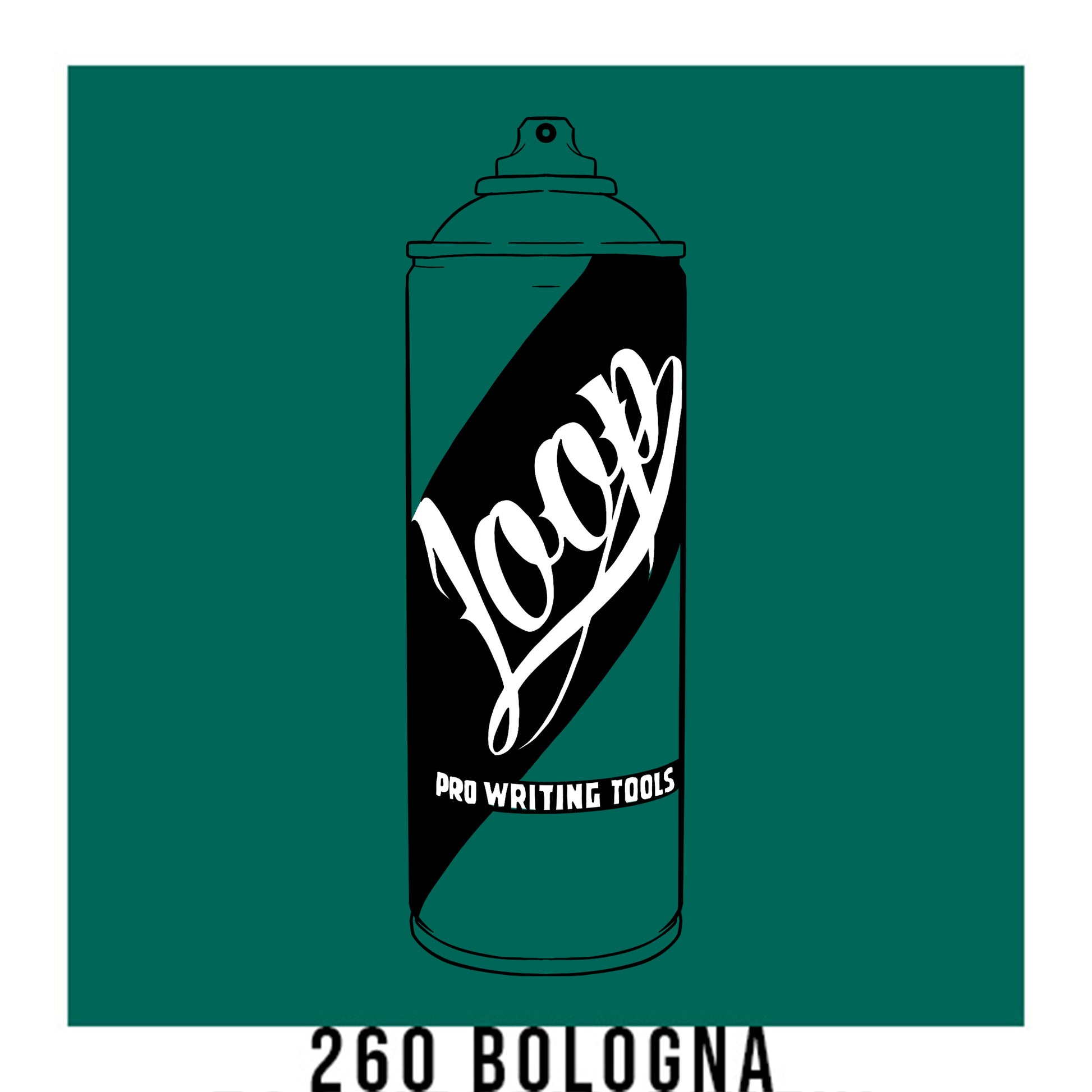 A black outline drawing of a Emerald Green spray paint can with the word "Loop" written on the face in script. The background is a color swatch of the same Emerald Green with a white border with the words "260 Bologna " at the bottom.