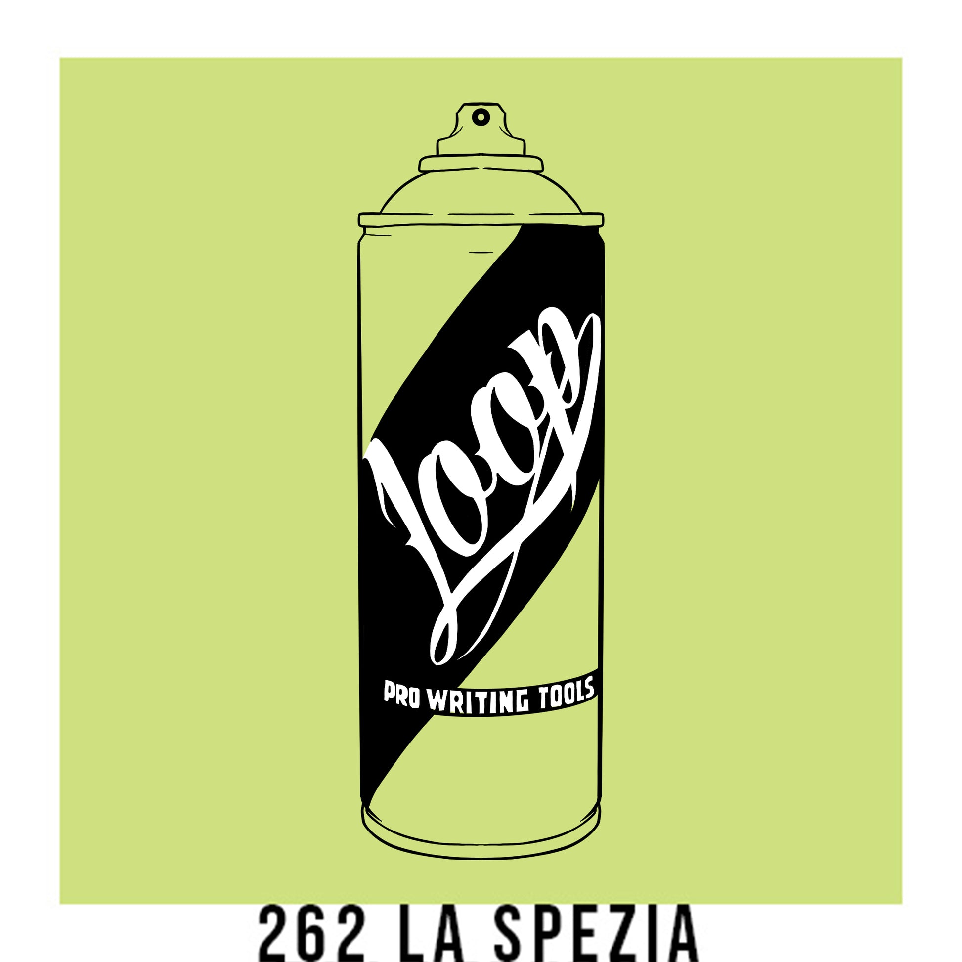 A black outline drawing of a Lime Green spray paint can with the word "Loop" written on the face in script. The background is a color swatch of the same Lime Green with a white border with the words "262 la spezia" at the bottom.