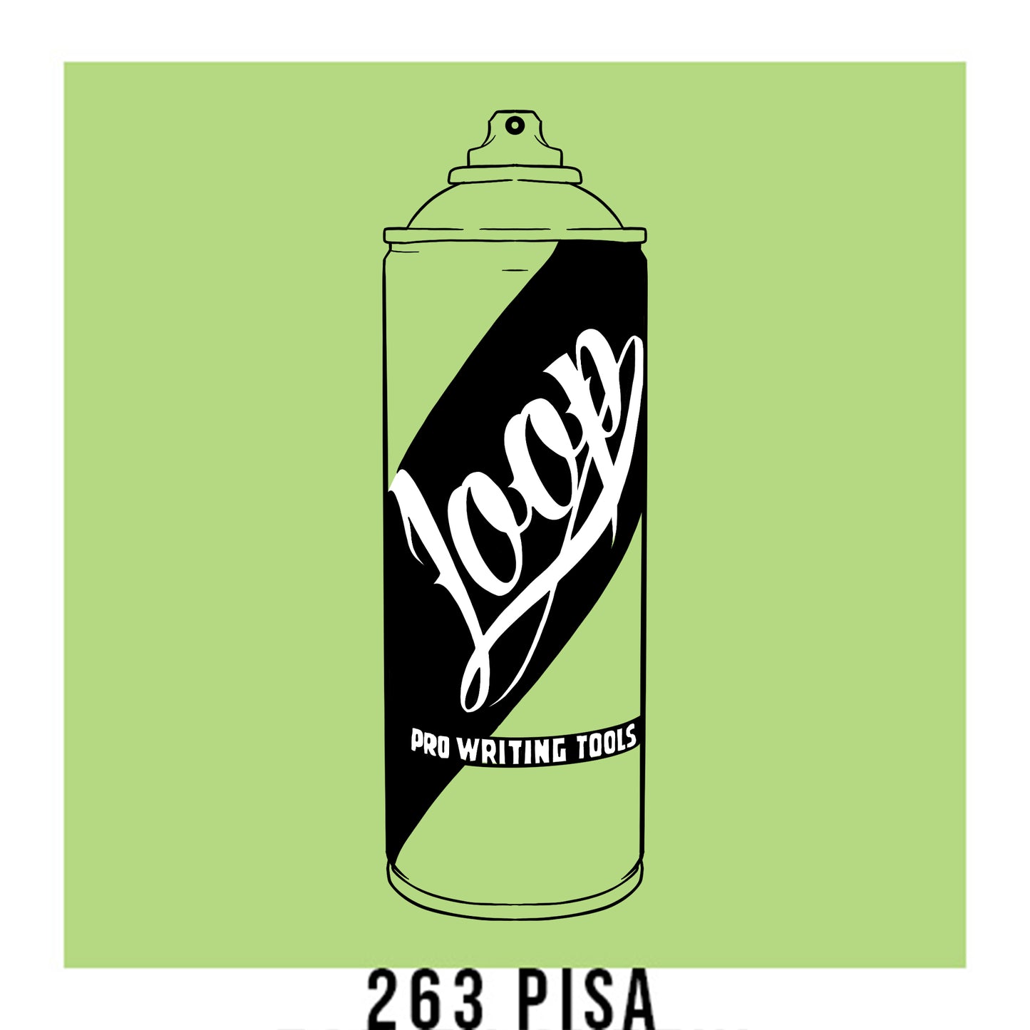 A black outline drawing of a pastel lime Green spray paint can with the word "Loop" written on the face in script. The background is a color swatch of the same pastel lime Green with a white border with the words "263 Pisa" at the bottom.