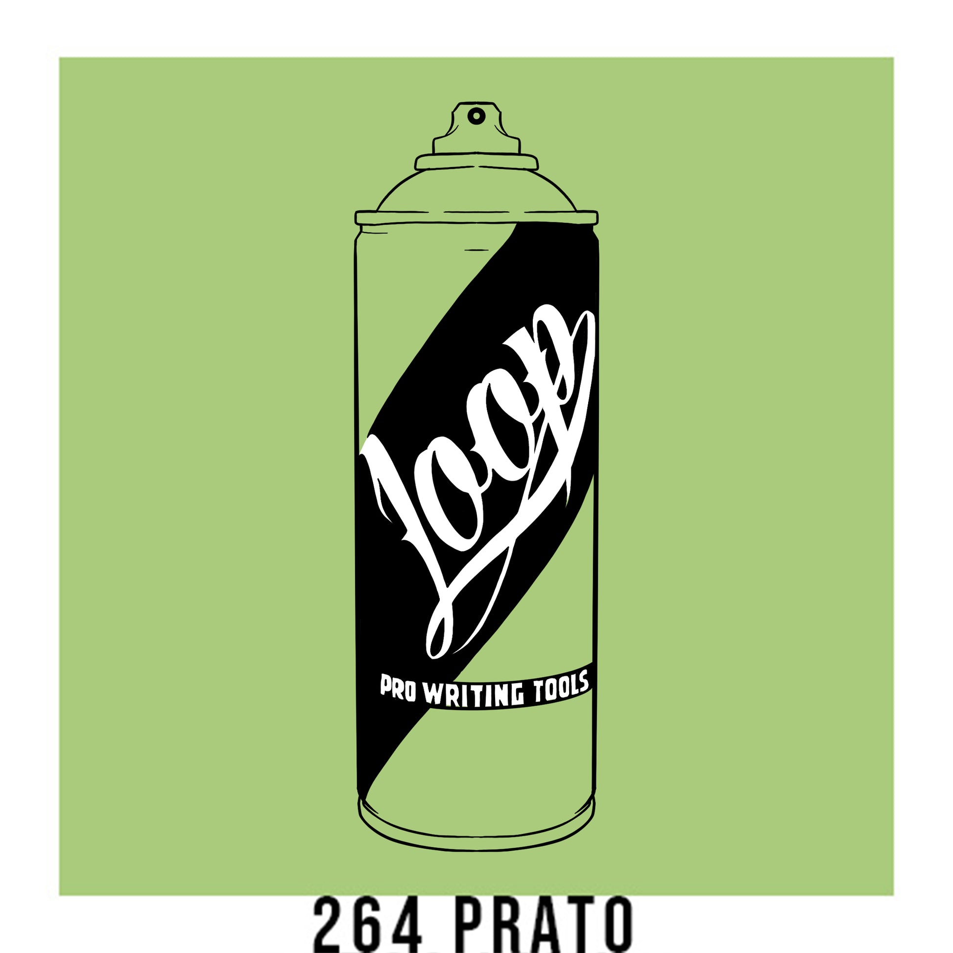 A black outline drawing of a Pastel Green spray paint can with the word "Loop" written on the face in script. The background is a color swatch of the same Pastel Green with a white border with the words "264 Prato" at the bottom.