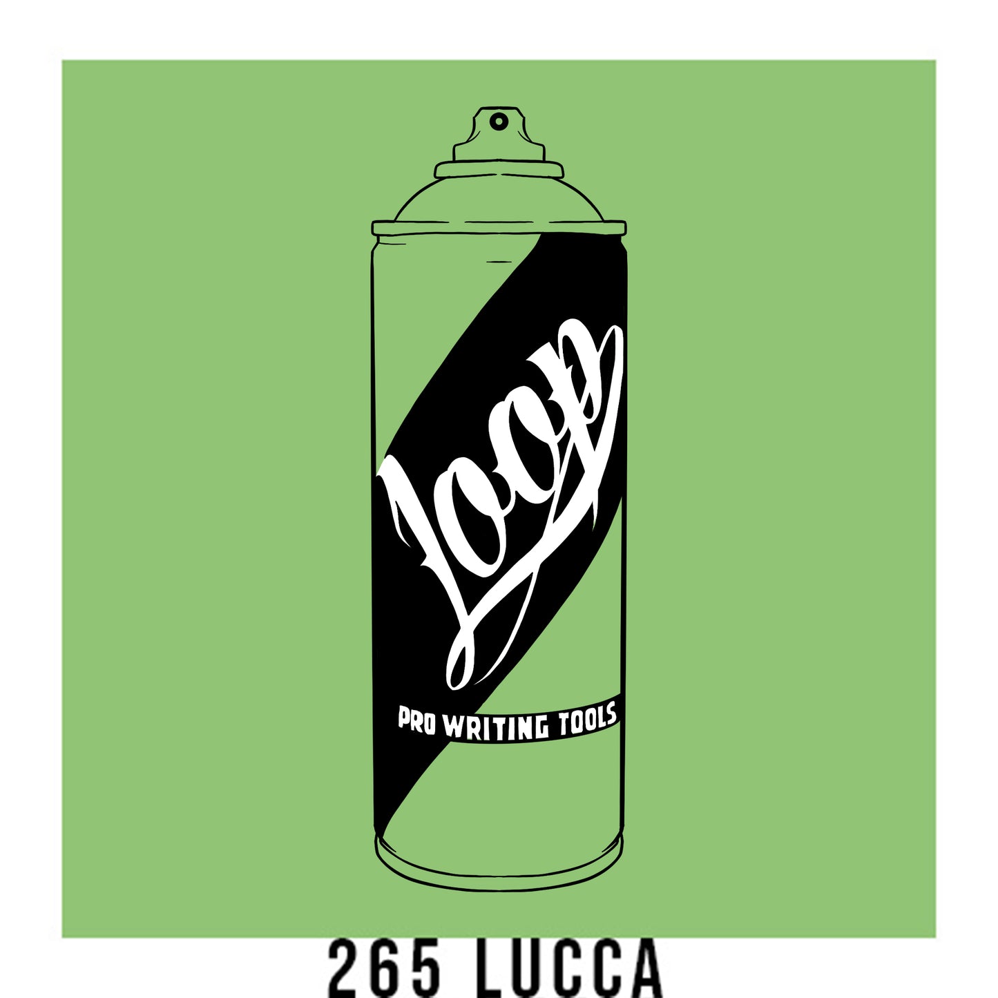 A black outline drawing of a Pastel Green spray paint can with the word "Loop" written on the face in script. The background is a color swatch of the same Pastel Green with a white border with the words "265 Lucca" at the bottom.