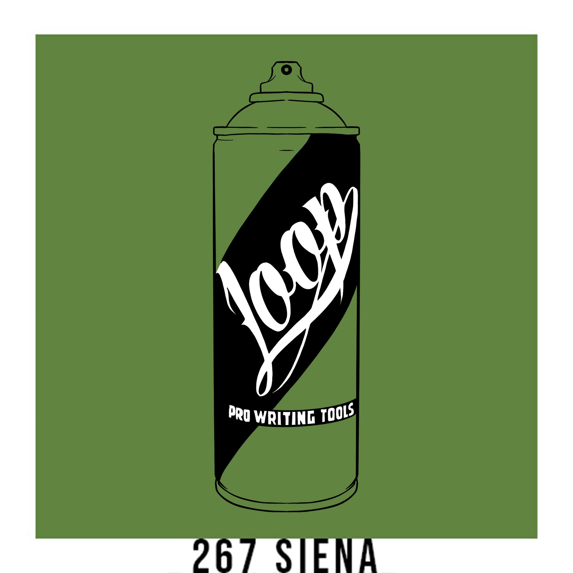 A black outline drawing of a olive spray paint can with the word "Loop" written on the face in script. The background is a color swatch of the same Olive with a white border with the words "267 Siena" at the bottom.