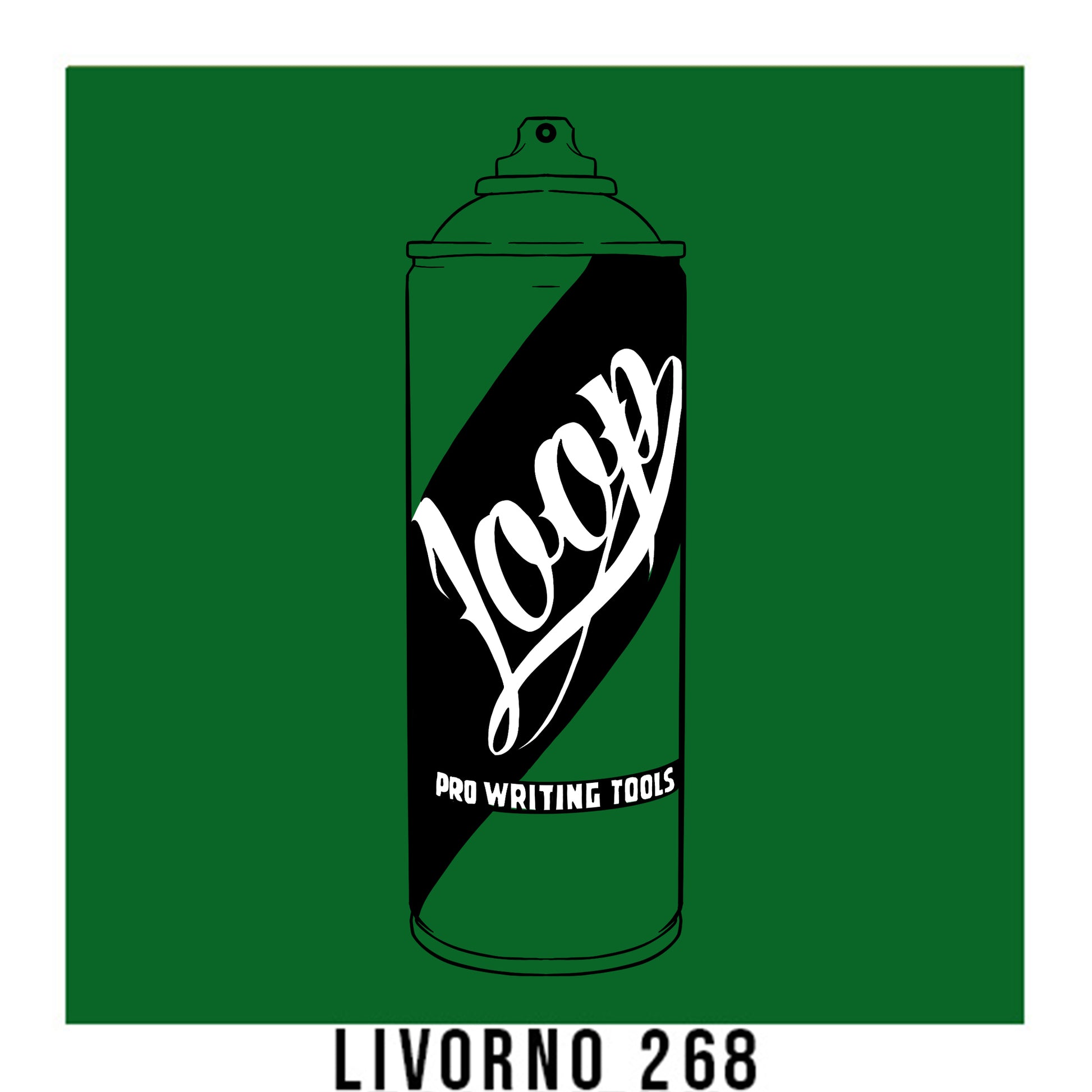 A black outline drawing of a Green spray paint can with the word "Loop" written on the face in script. The background is a color swatch of the same  Green with a white border with the words "268 Livorno" at the bottom.