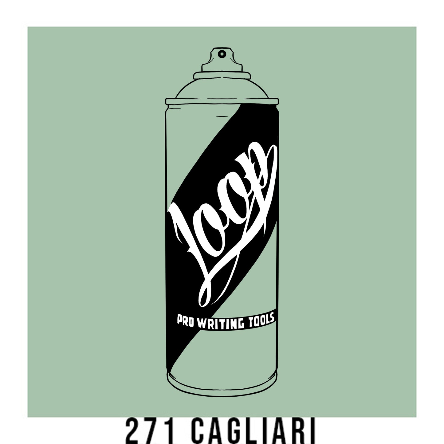 A black outline drawing of a Mint Green spray paint can with the word "Loop" written on the face in script. The background is a color swatch of the same mint Green with a white border with the words "271 Cagliari" at the bottom.