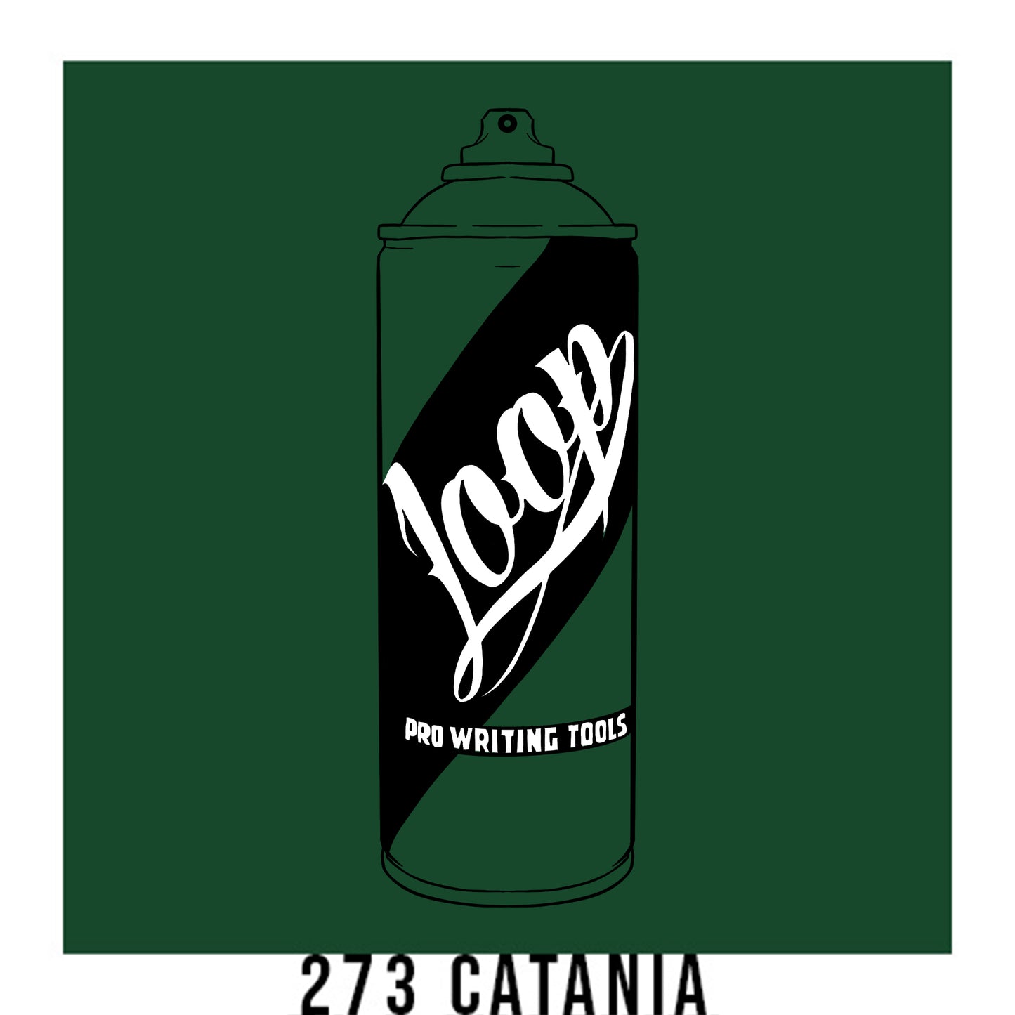 A black outline drawing of a Dark Green spray paint can with the word "Loop" written on the face in script. The background is a color swatch of the same Dark Green with a white border with the words "273 Catania" at the bottom.