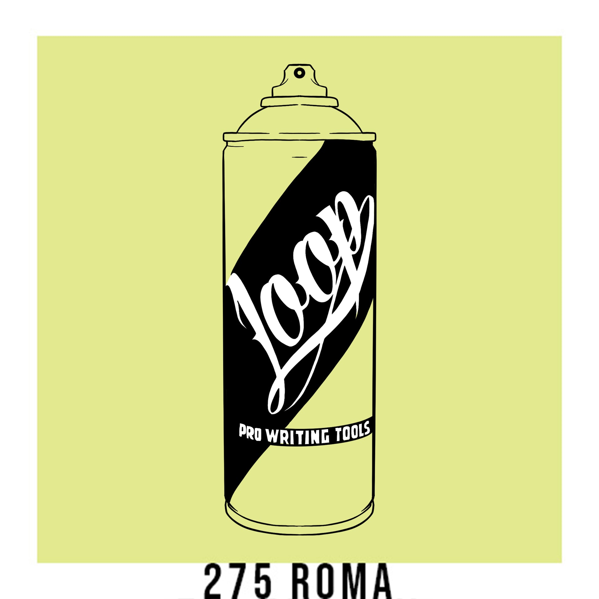 A black outline drawing of a pastel lime Green spray paint can with the word "Loop" written on the face in script. The background is a color swatch of the same pastel lime green with a white border with the words "275 Roma" at the bottom.