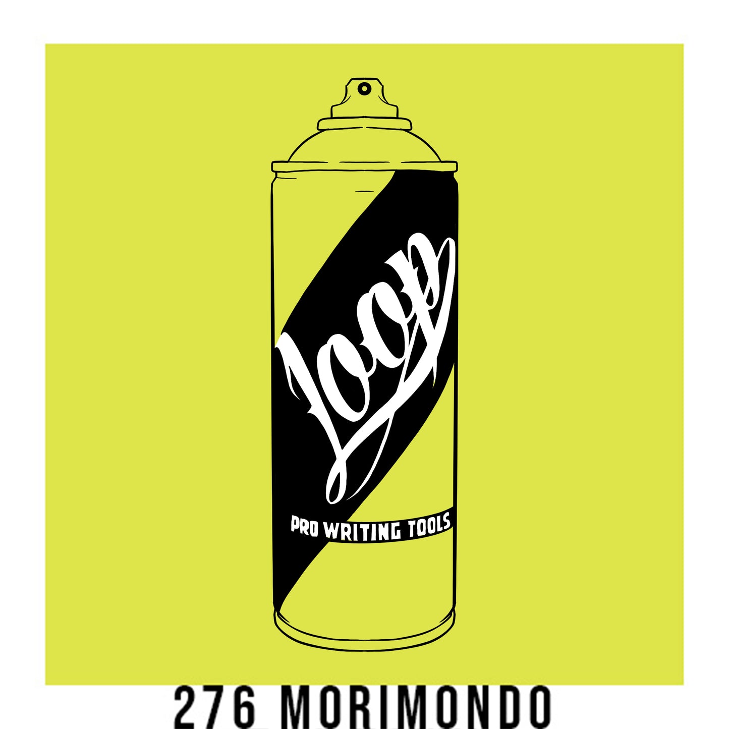 A black outline drawing of a Yellow Green spray paint can with the word "Loop" written on the face in script. The background is a color swatch of the same Yellow Green with a white border with the words "276 Morimondo" at the bottom.
