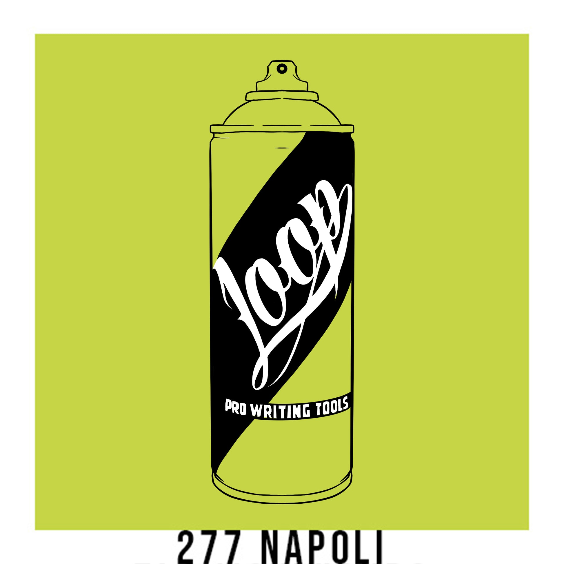 A black outline drawing of a Lime Green spray paint can with the word "Loop" written on the face in script. The background is a color swatch of the same lime Green with a white border with the words "277 Napoli" at the bottom.