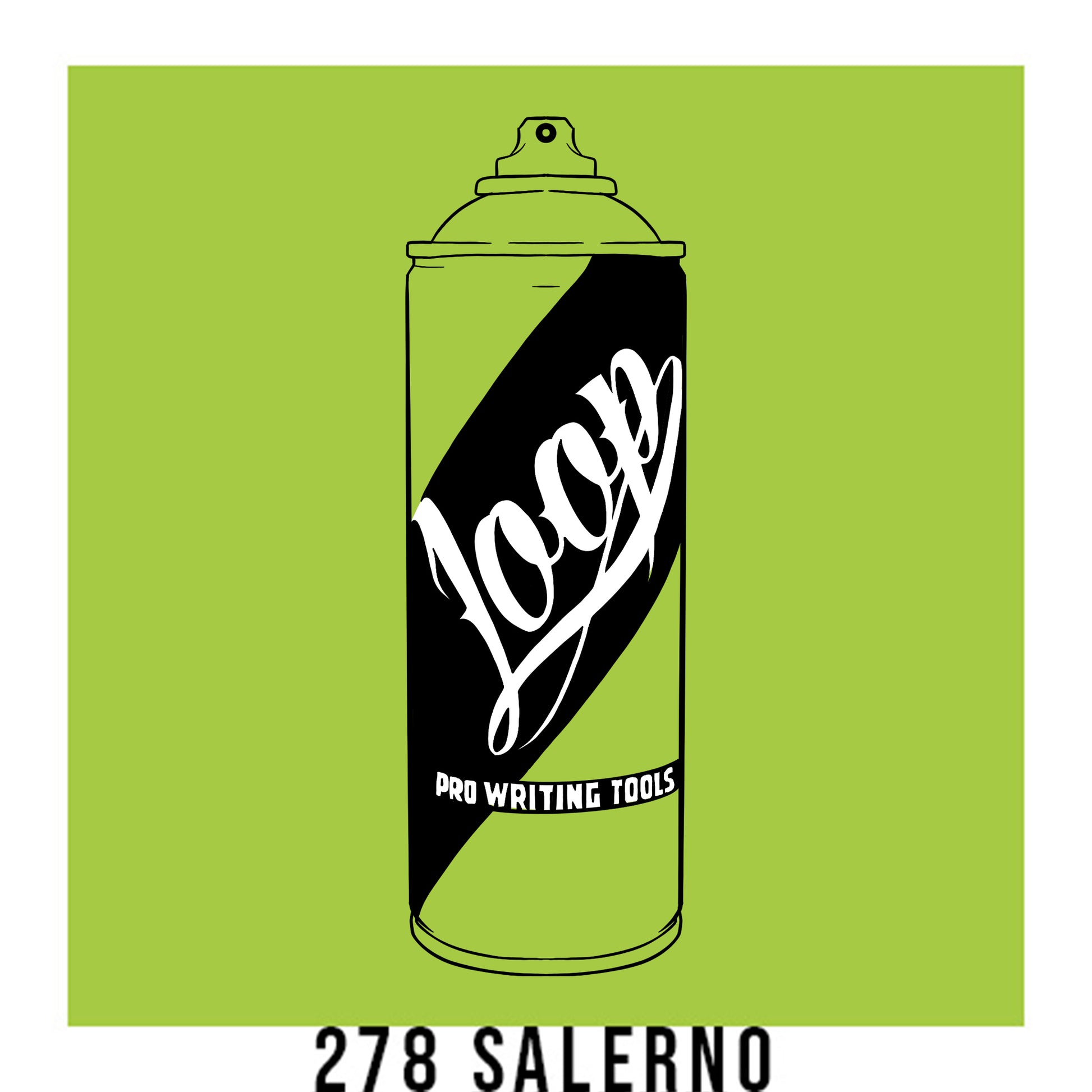 A black outline drawing of a Lime Green spray paint can with the word "Loop" written on the face in script. The background is a color swatch of the same lime Green with a white border with the words "278 Salerno" at the bottom.