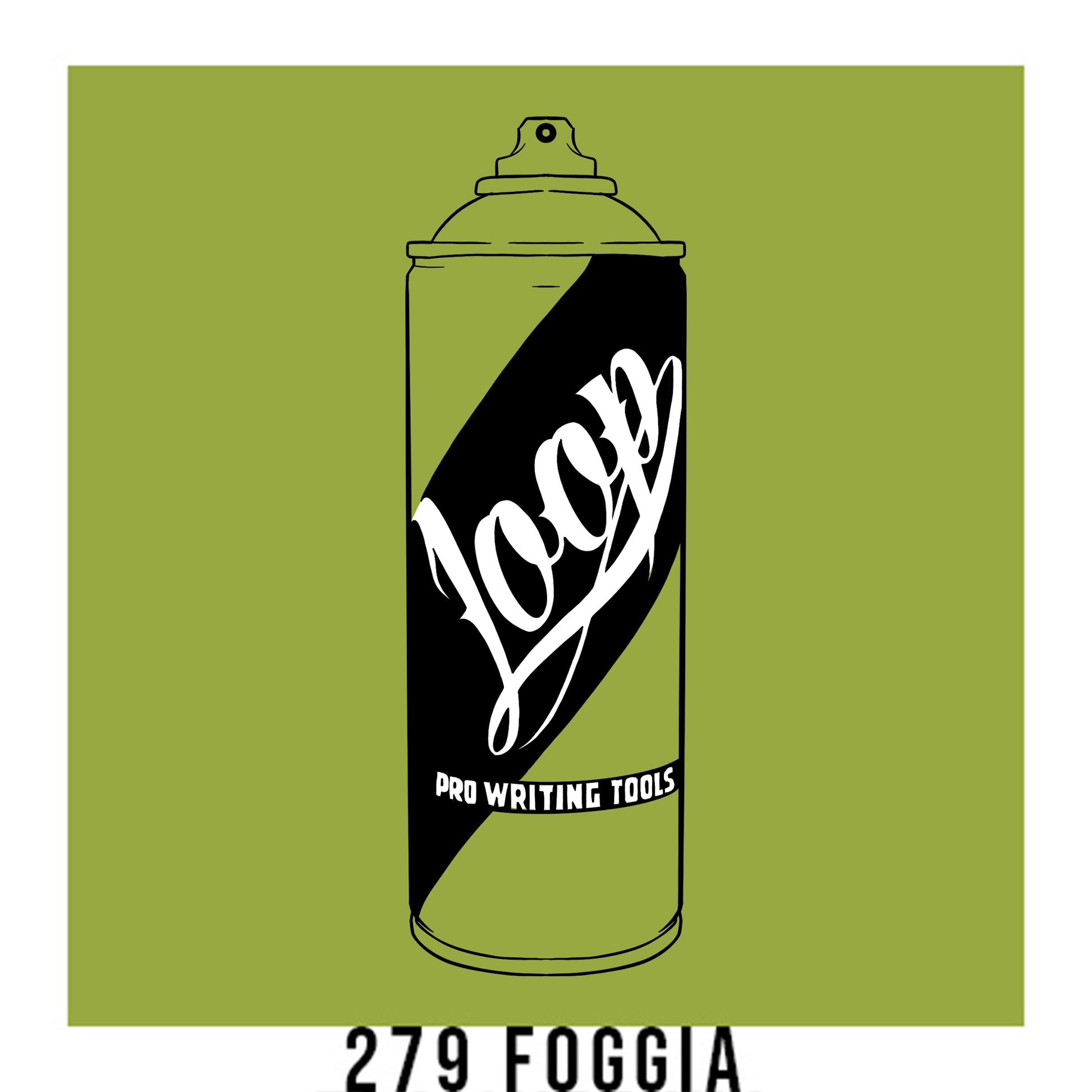 A black outline drawing of a light olive spray paint can with the word "Loop" written on the face in script. The background is a color swatch of the same light olive with a white border with the words "279 Foggia" at the bottom.