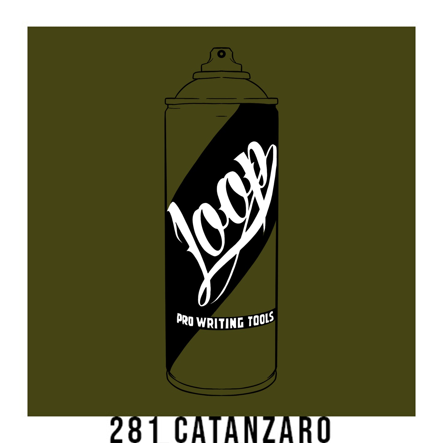 A black outline drawing of a Olive Green spray paint can with the word "Loop" written on the face in script. The background is a color swatch of the same Olive Green with a white border with the words "281 Catanzaro" at the bottom.