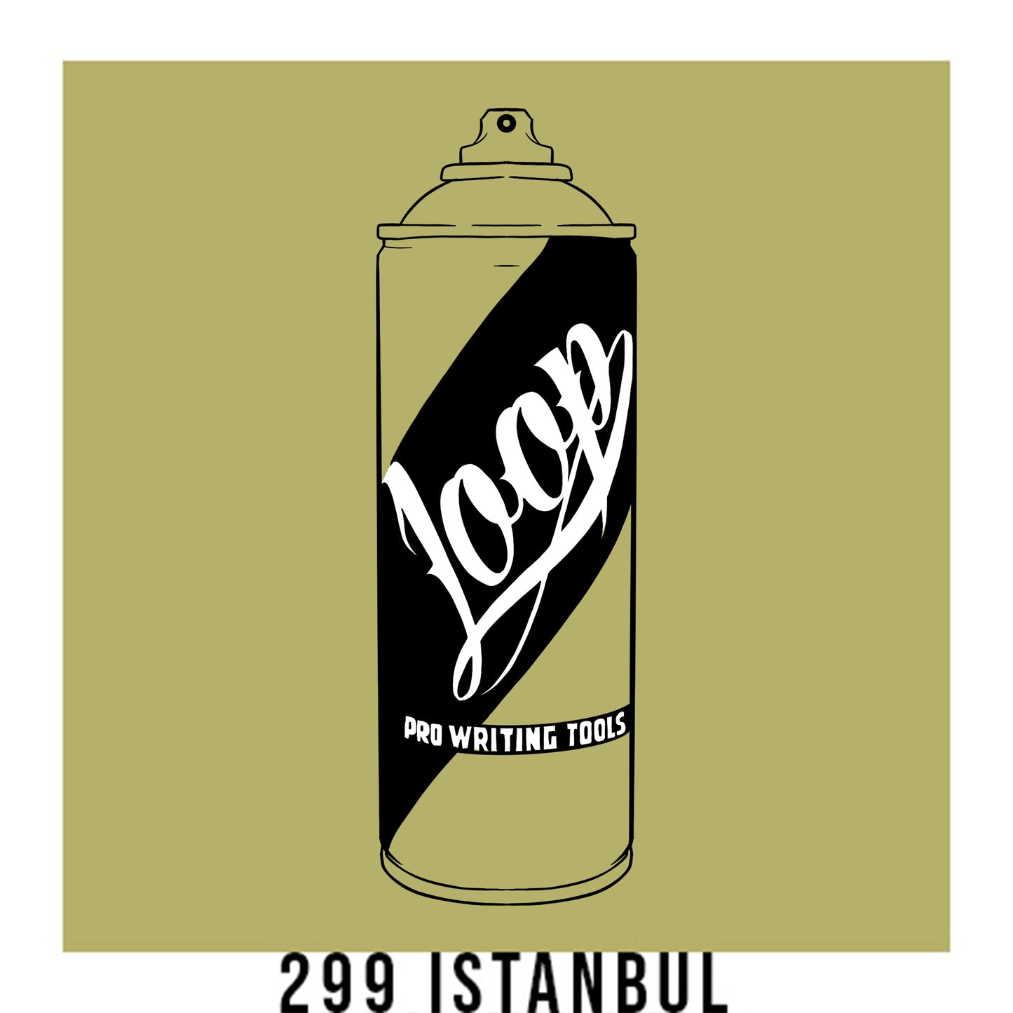 A black outline drawing of a Pastel Olive spray paint can with the word "Loop" written on the face in script. The background is a color swatch of the same Pastel Olive with a white border with the words "299 Istanbul" at the bottom.