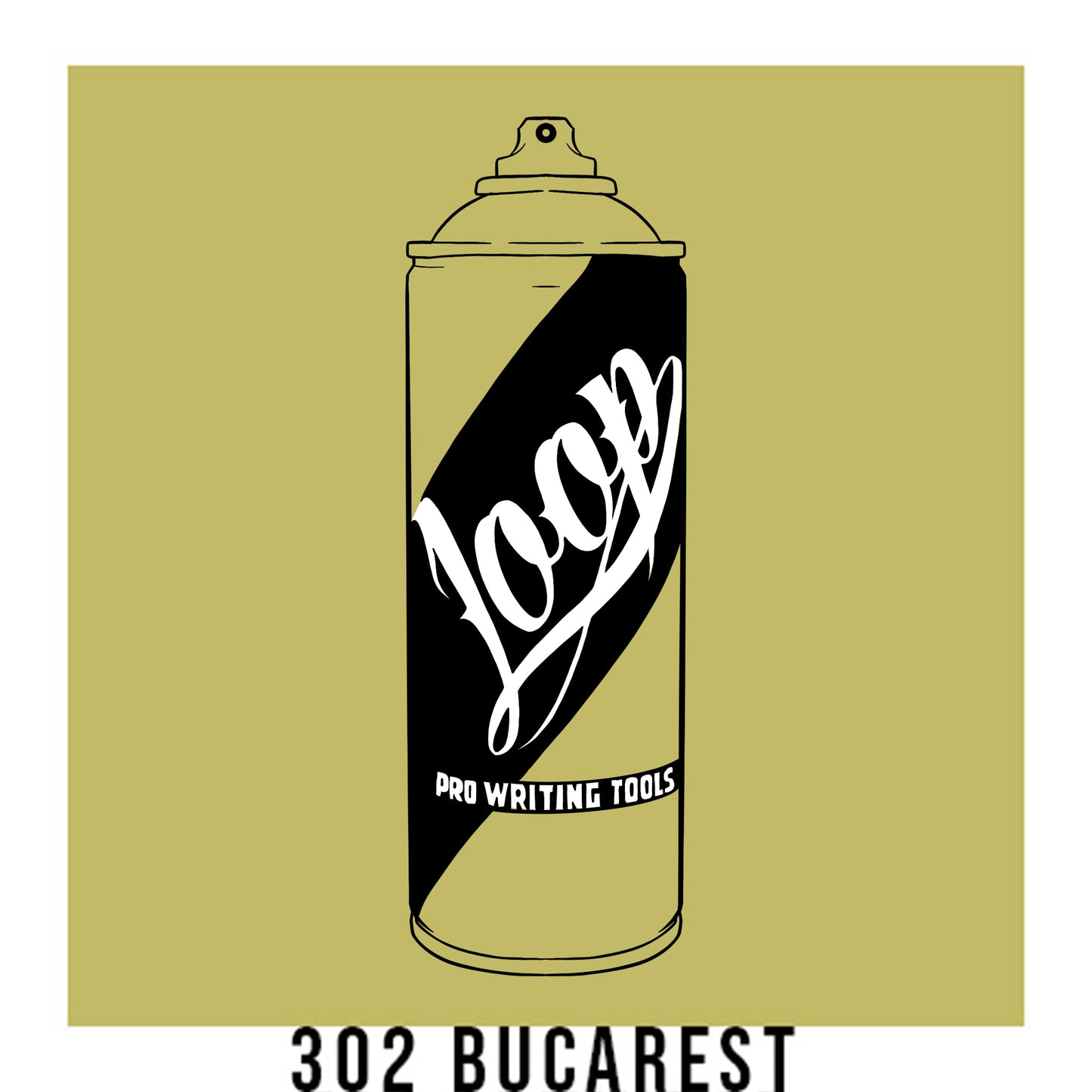 A black outline drawing of a golden olive spray paint can with the word "Loop" written on the face in script. The background is a color swatch of the same golden olive with a white border with the words "302 Bucarest" at the bottom.