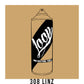 A black outline drawing of a dark beige spray paint can with the word "Loop" written on the face in script. The background is a color swatch of the same dark beige with a white border with the words "308 Linz" at the bottom.