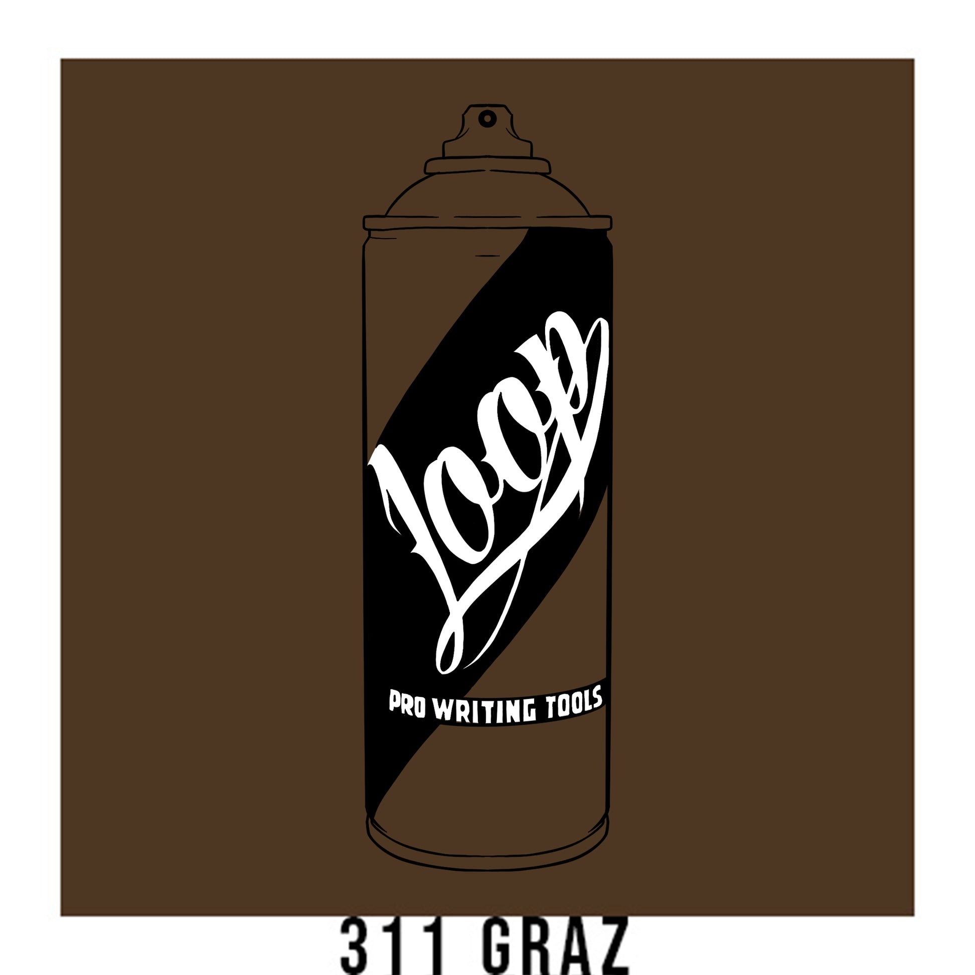 A black outline drawing of a mocha brown spray paint can with the word "Loop" written on the face in script. The background is a color swatch of the same mocha brown with a white border with the words "311 Graz" at the bottom.