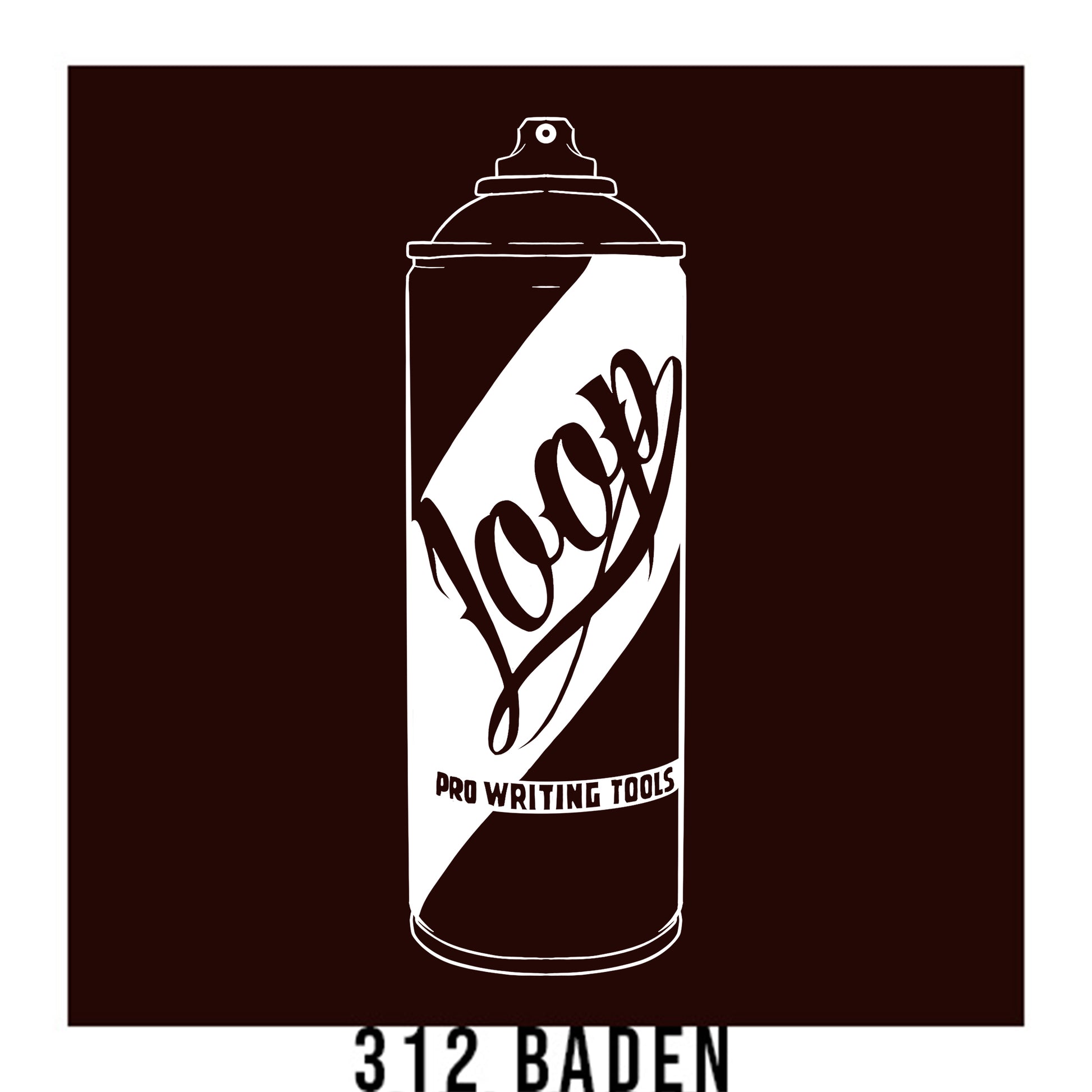 A black outline drawing of a dark plum spray paint can with the word "Loop" written on the face in script. The background is a color swatch of the same Dark Plum with a white border with the words "312 Baden" at the bottom.
