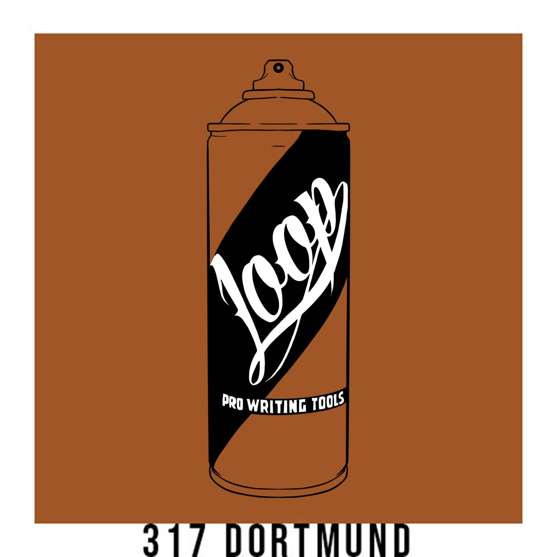 A black outline drawing of a cinnamon brown spray paint can with the word "Loop" written on the face in script. The background is a color swatch of the same cinnamon brown with a white border with the words "317 Dortmund" at the bottom.