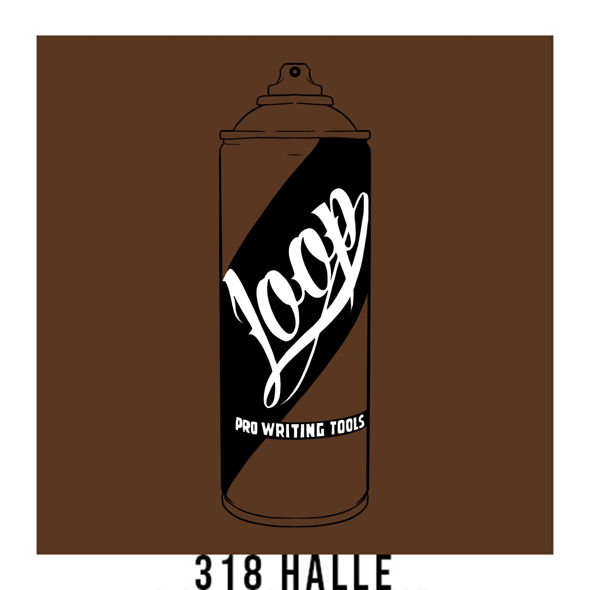 A black outline drawing of a Caramel Brown spray paint can with the word "Loop" written on the face in script. The background is a color swatch of the same Caramel Brown with a white border with the words "318 Halle" at the bottom.