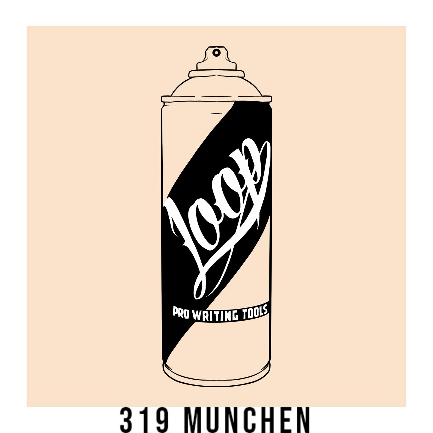 A black outline drawing of a pastel peach spray paint can with the word "Loop" written on the face in script. The background is a color swatch of the same pastel peach with a white border with the words "319 Munchen" at the bottom.