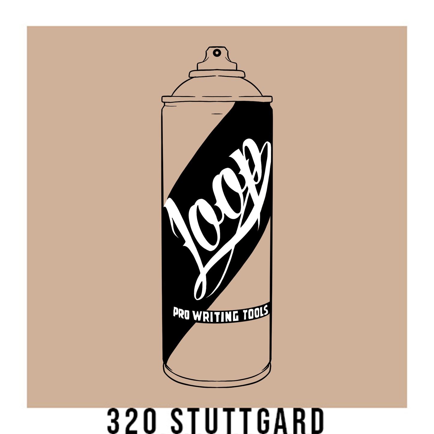 A black outline drawing of a tan spray paint can with the word "Loop" written on the face in script. The background is a color swatch of the same tan with a white border with the words "320 Stuttgard" at the bottom.
