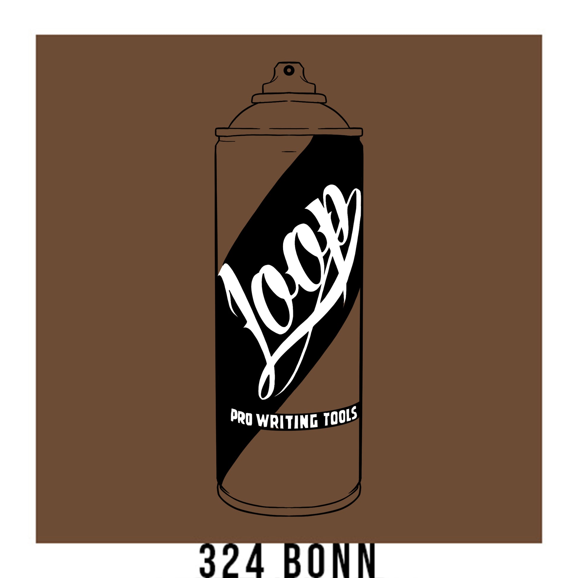 A black outline drawing of a brown spray paint can with the word "Loop" written on the face in script. The background is a color swatch of the same brown with a white border with the words "324 Bonn" at the bottom.