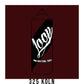 A black outline drawing of a dark wine red spray paint can with the word "Loop" written on the face in script. The background is a color swatch of the same dark wine red with a white border with the words "325 Koln" at the bottom.