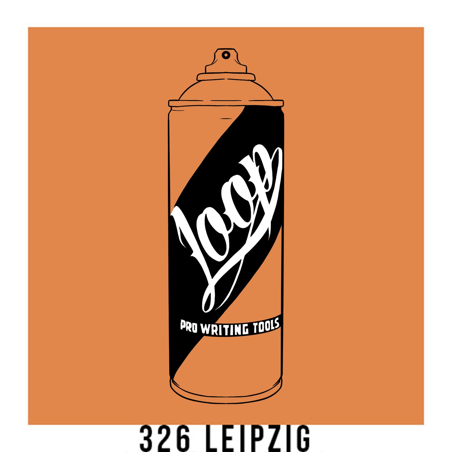 A black outline drawing of a cream orange spray paint can with the word "Loop" written on the face in script. The background is a color swatch of the same cream orange with a white border with the words "326 Leipzig" at the bottom.