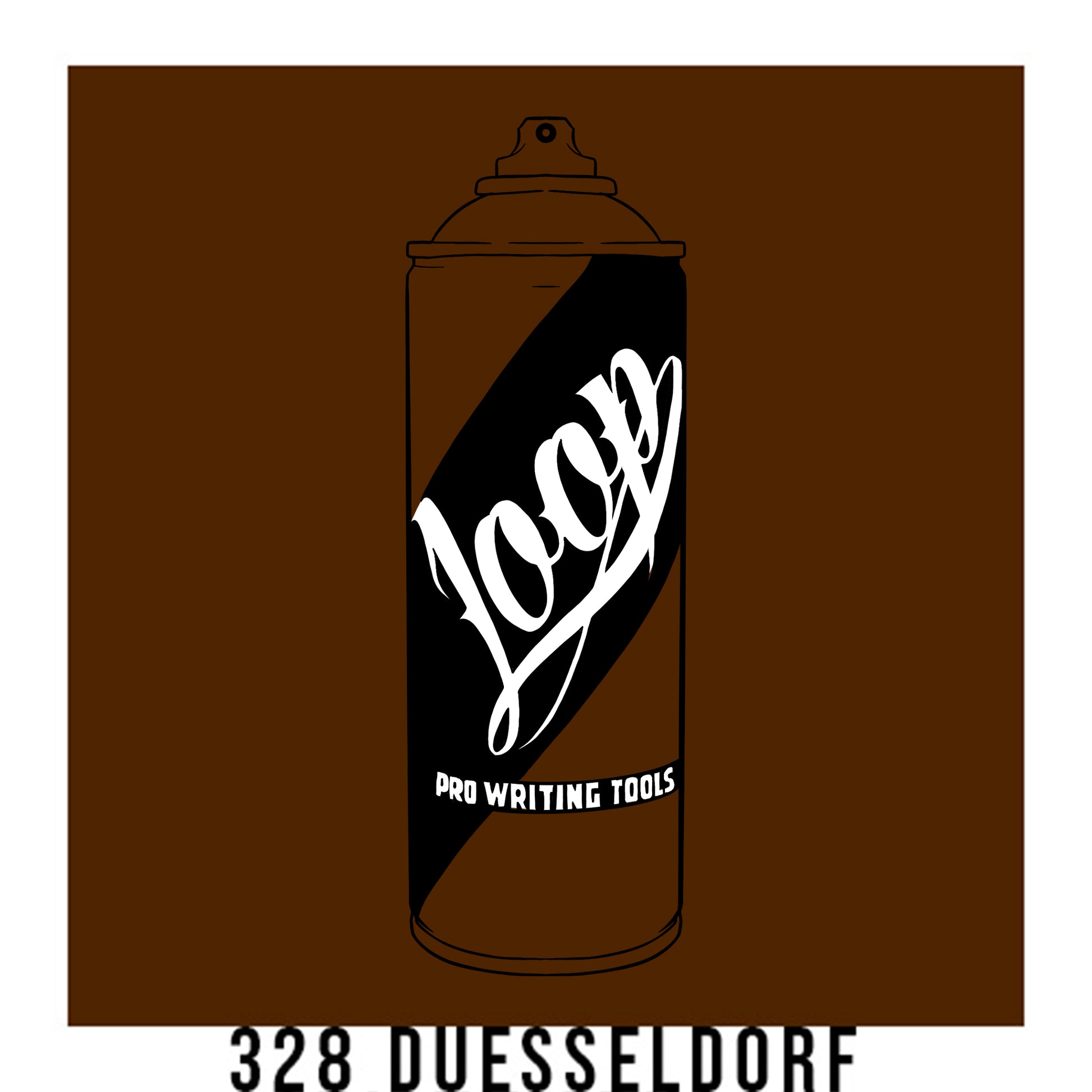 A black outline drawing of a brown spray paint can with the word "Loop" written on the face in script. The background is a color swatch of the same brown with a white border with the words "328 Duesseldorf" at the bottom.