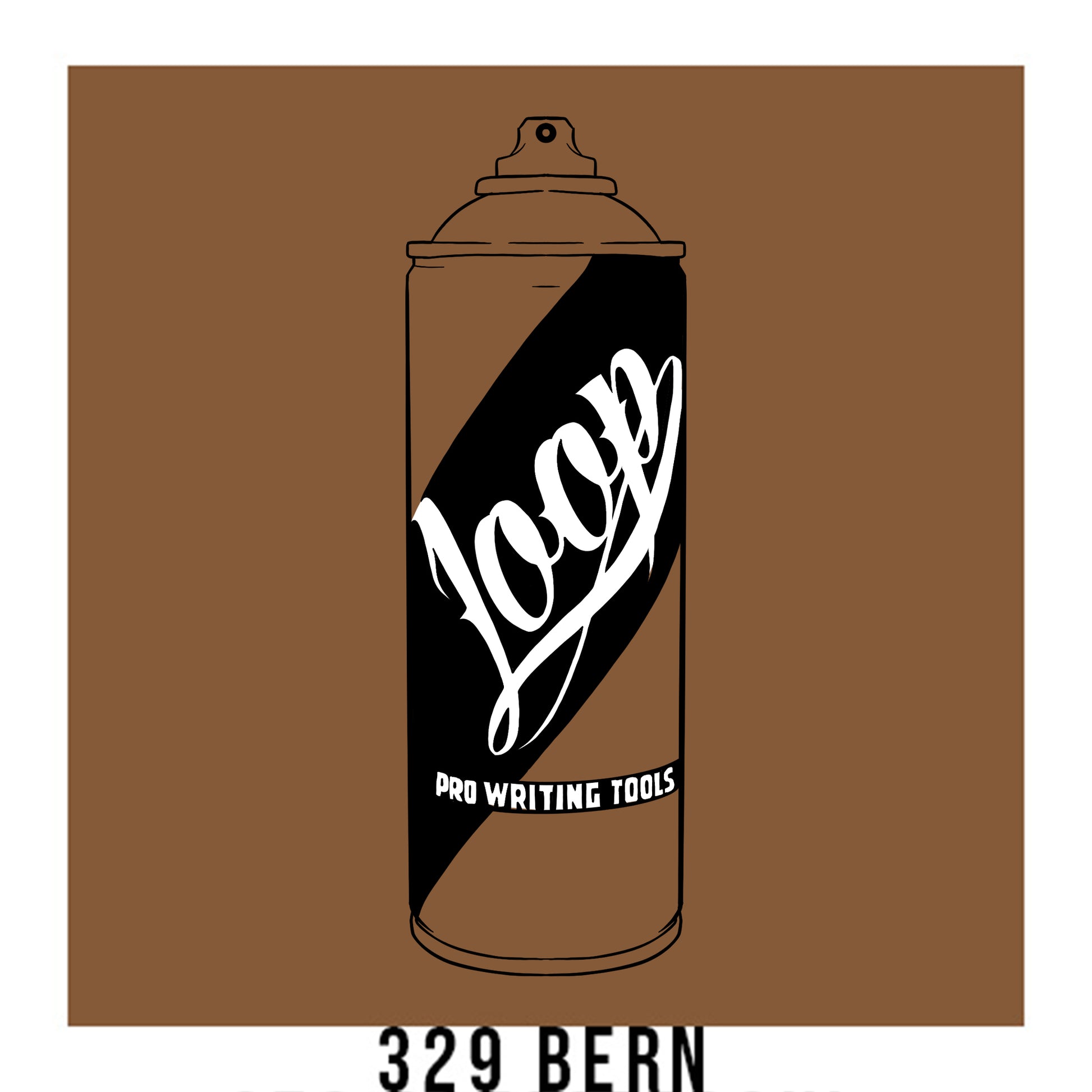 A black outline drawing of a caramel brown spray paint can with the word "Loop" written on the face in script. The background is a color swatch of the same caramel brown with a white border with the words "329 Bern" at the bottom.