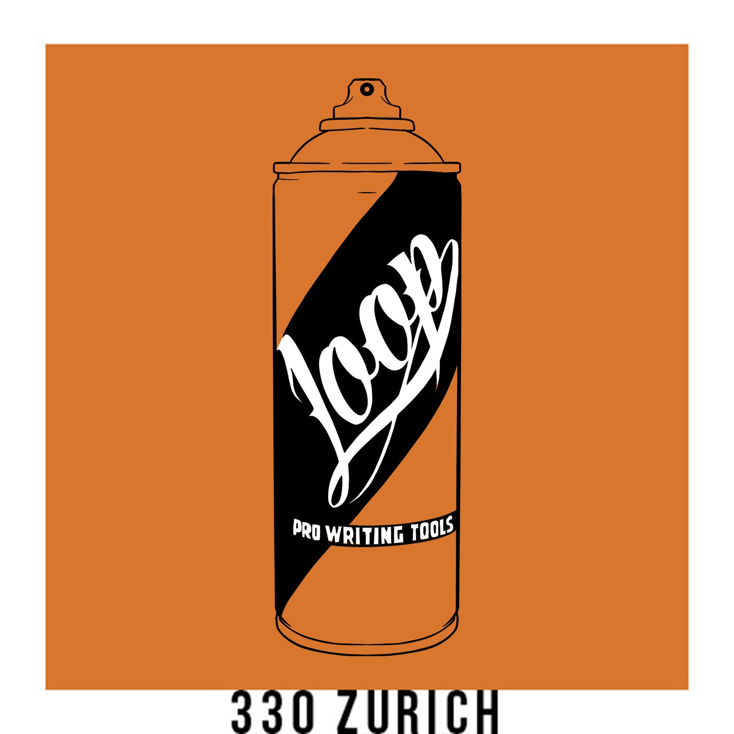 A black outline drawing of a orange spray paint can with the word "Loop" written on the face in script. The background is a color swatch of the same orange with a white border with the words "330 Zurich" at the bottom.