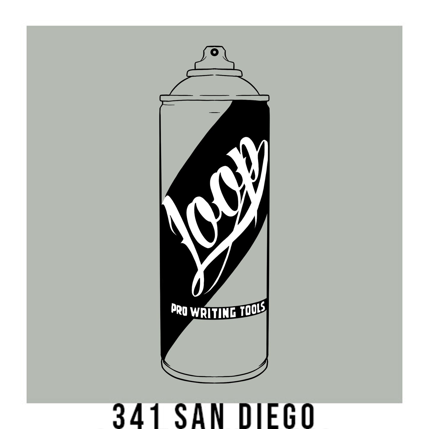 A black outline drawing of a cool grey spray paint can with the word "Loop" written on the face in script. The background is a color swatch of the same cool grey with a white border with the words "341 San Diego" at the bottom.