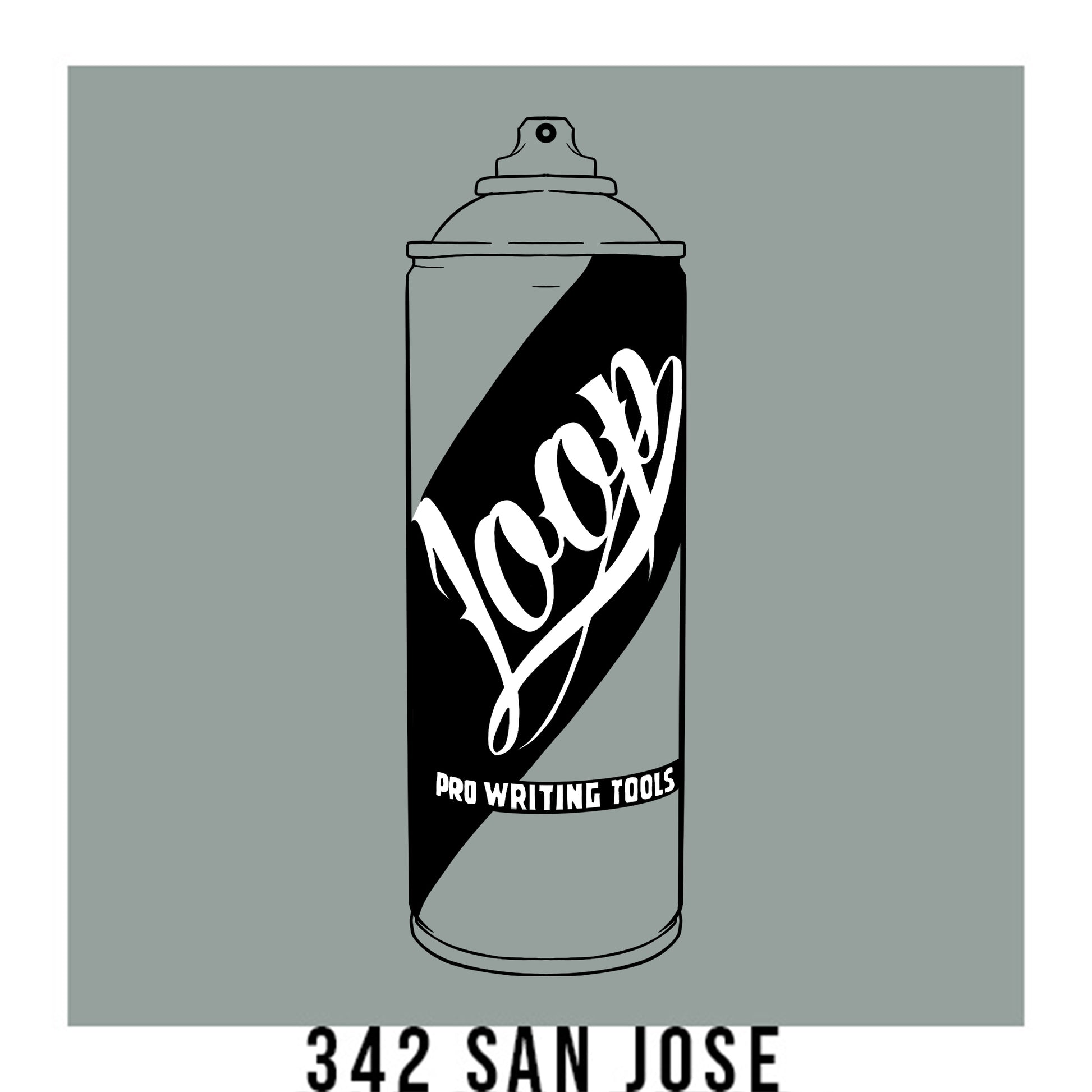 A black outline drawing of a grey spray paint can with the word "Loop" written on the face in script. The background is a color swatch of the same grey with a white border with the words "342 San Jose" at the bottom.