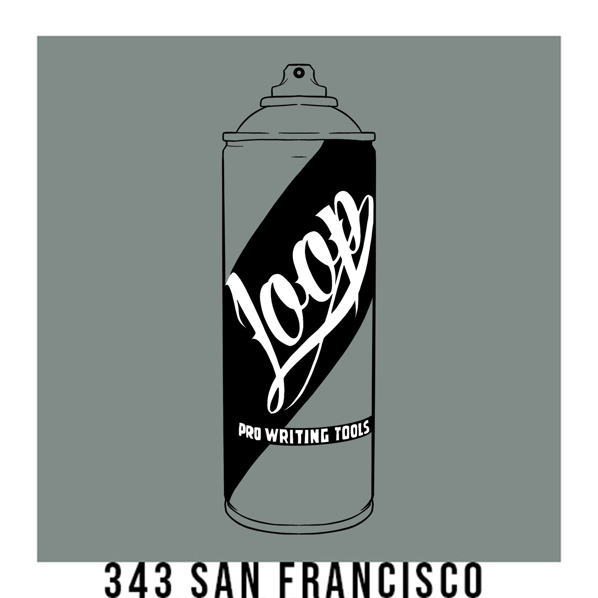 A black outline drawing of a grey spray paint can with the word "Loop" written on the face in script. The background is a color swatch of the same grey with a white border with the words "343 San Francisco" at the bottom.