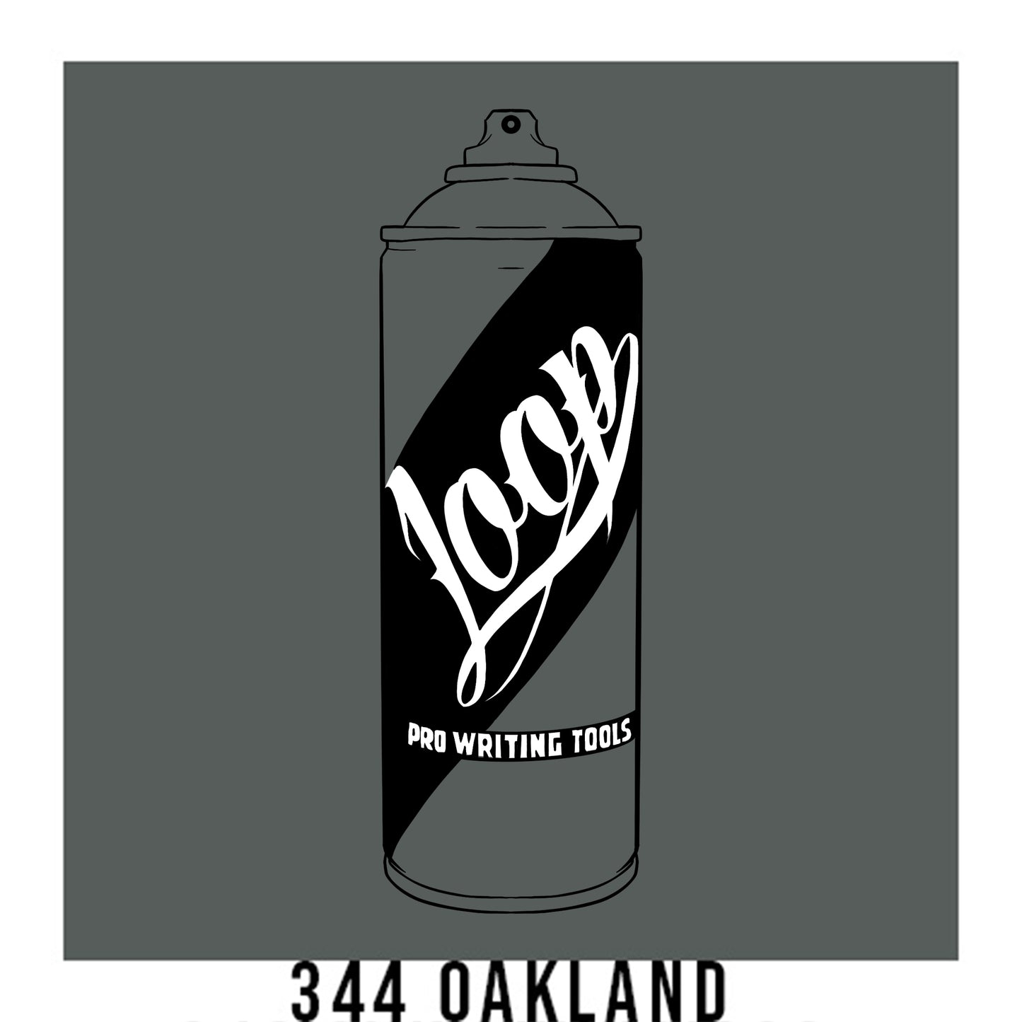 A black outline drawing of a grey spray paint can with the word "Loop" written on the face in script. The background is a color swatch of the same grey with a white border with the words "344 oakland" at the bottom.